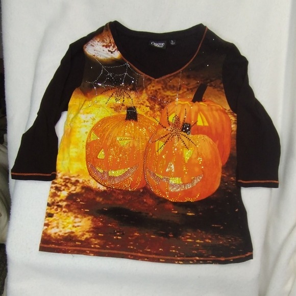 Halloween Pumpkin Rhinestone Top – Ongue Casual L Black 3/4 Sleeve Fall Shirt - Picture 3 of 9